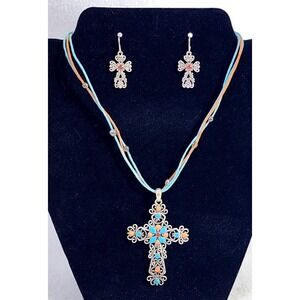 You & I Silver Tone CROSS Necklace Pierced Earrings Cord and Beads